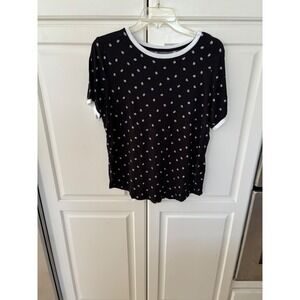 DKNY Womens Black White Lip Print Ringer Tee Split Back Short Sleeve Top Size M